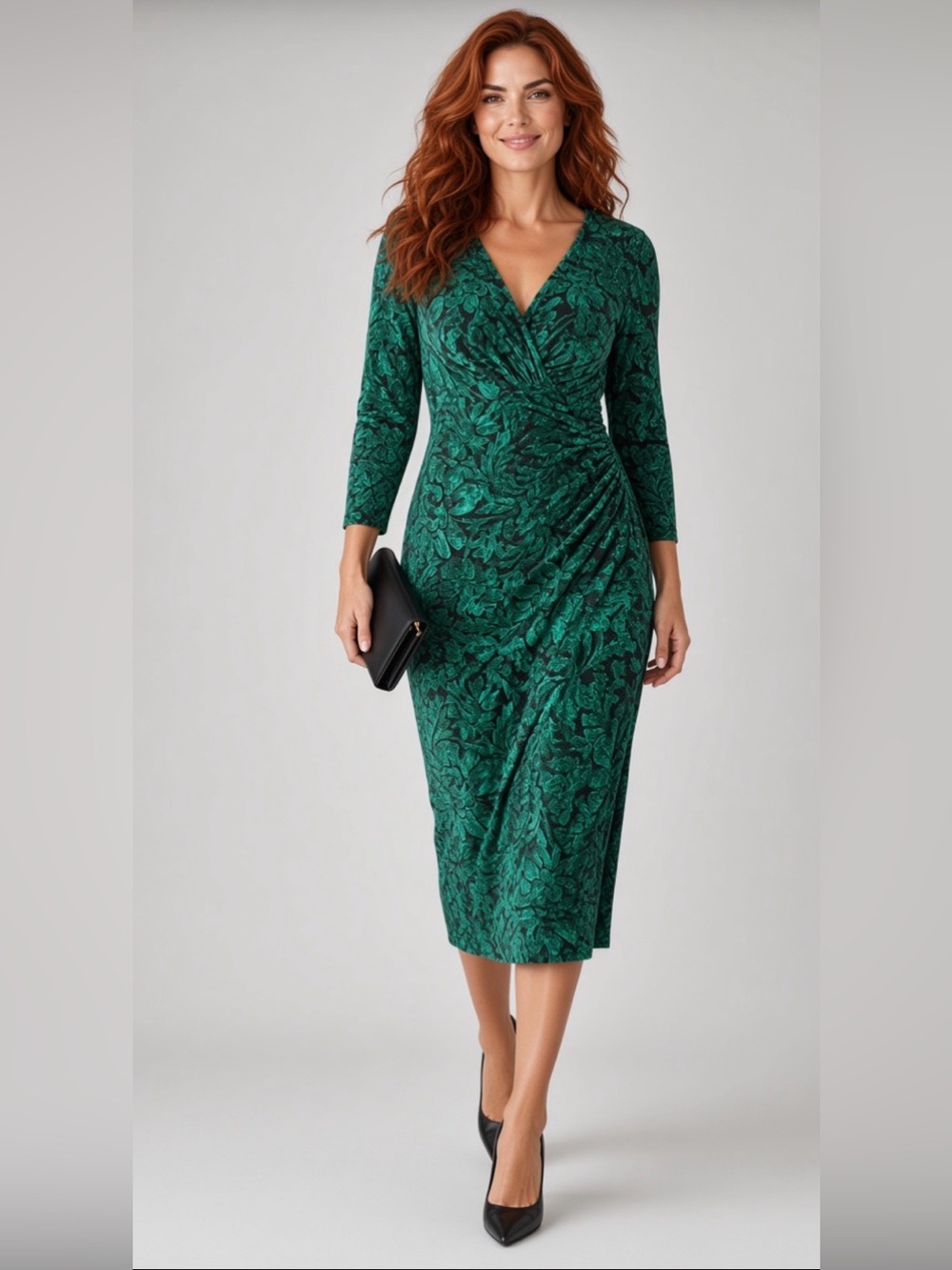Lauren Ralph Lauren Green Black Botanical Floral Faux Wrap Dress Size 14